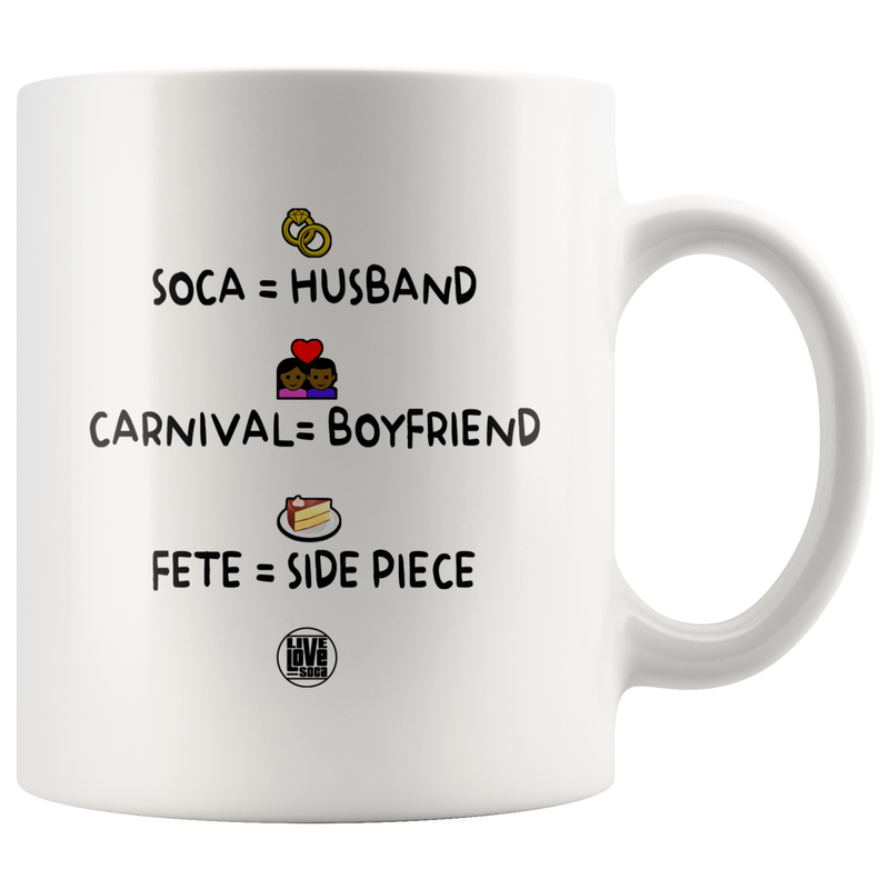 Soca = Husband - Carnival = Boyfriend - Fete = Side Piece Mug (Designed By Live Love Soca)